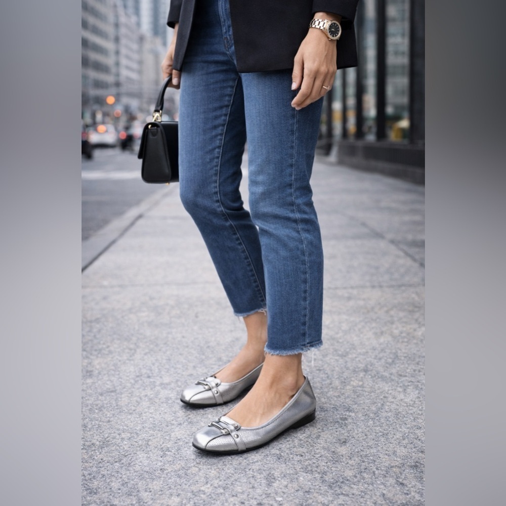 AEROSOLES Silver Metallic Flats with Bow Detail